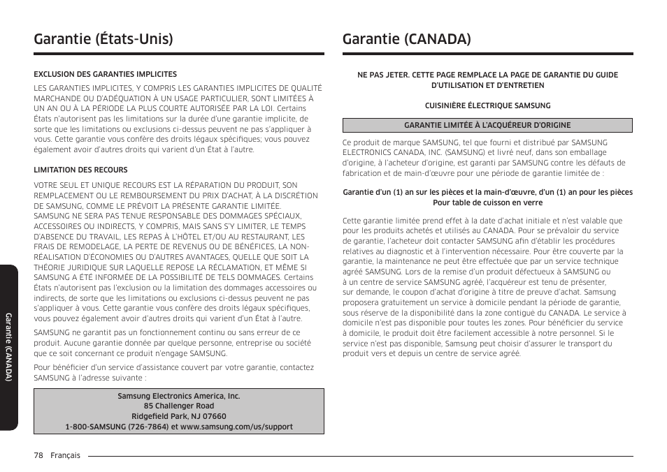 Garantie (canada), Garantie (états-unis) | Samsung BESPOKE 30 Inch Smart Slide-In Induction Range Owners Guide User Manual | Page 230 / 234