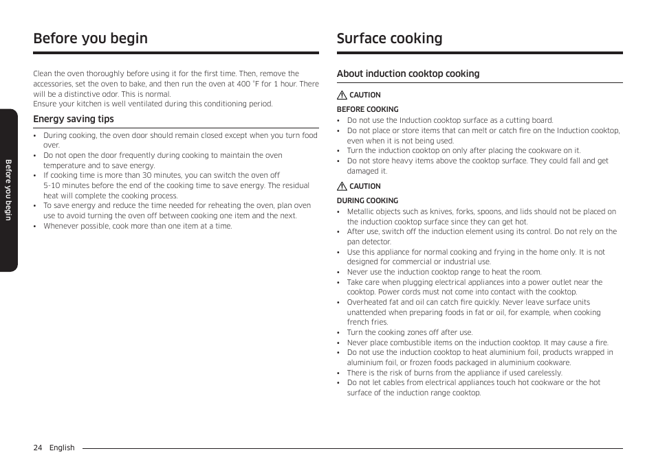 Before you begin, Energy saving tips, Surface cooking | About induction cooktop cooking, Before you begin surface cooking | Samsung BESPOKE 30 Inch Smart Slide-In Induction Range Owners Guide User Manual | Page 24 / 234