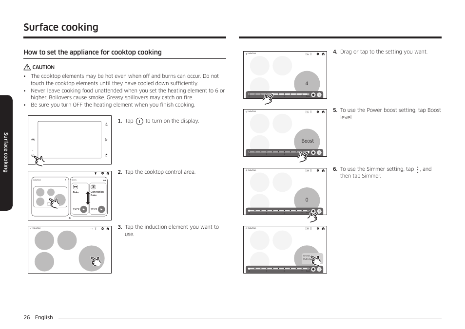 How to set the appliance for cooktop cooking, Surface cooking, 26 english sur fac e c ooking | Tap the cooktop control area, Tap the induction element you want to use, Drag or tap to the setting you want, Boost | Samsung BESPOKE 30 Inch Smart Slide-In Induction Range Owners Guide User Manual | Page 26 / 234