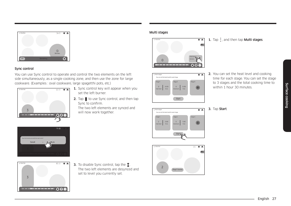 English 27 sur fac e c ooking, Tap , and then tap multi stages, Tap start | Samsung BESPOKE 30 Inch Smart Slide-In Induction Range Owners Guide User Manual | Page 27 / 234