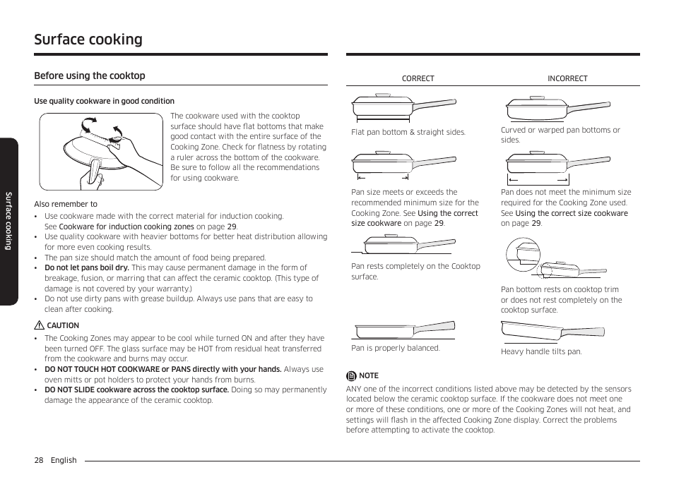Before using the cooktop, Surface cooking | Samsung BESPOKE 30 Inch Smart Slide-In Induction Range Owners Guide User Manual | Page 28 / 234