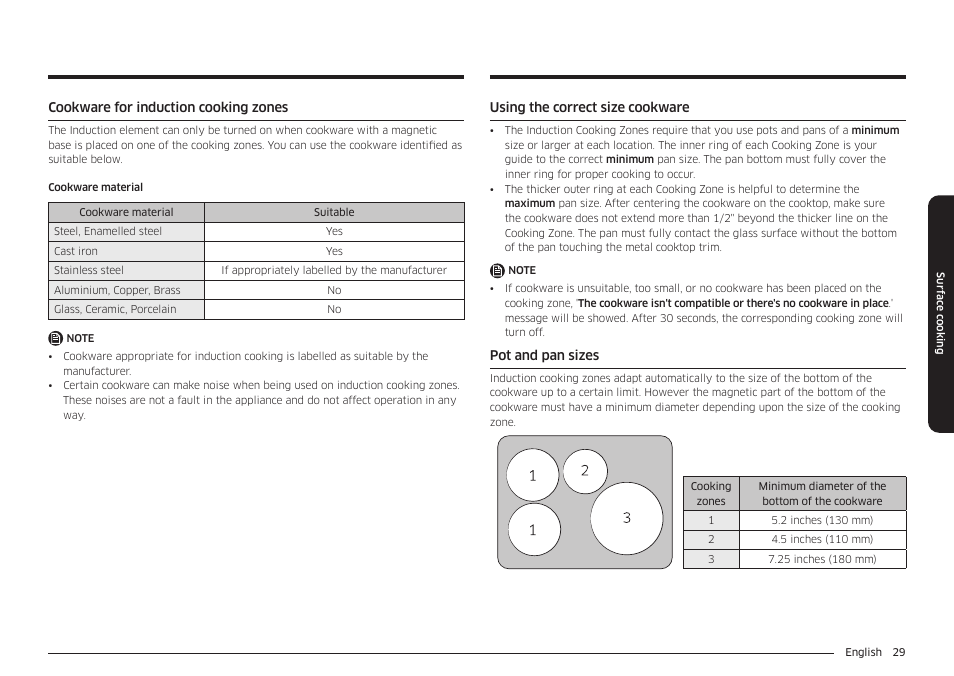 Cookware for induction cooking zones, Using the correct size cookware, Pot and pan sizes | Samsung BESPOKE 30 Inch Smart Slide-In Induction Range Owners Guide User Manual | Page 29 / 234