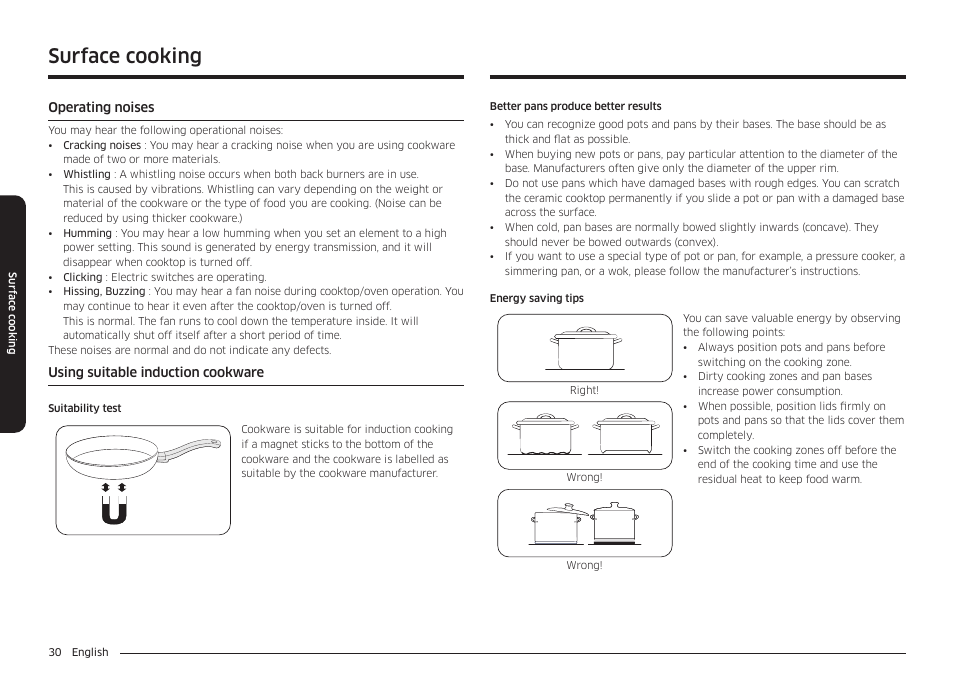 Operating noises, Using suitable induction cookware, Surface cooking | Samsung BESPOKE 30 Inch Smart Slide-In Induction Range Owners Guide User Manual | Page 30 / 234