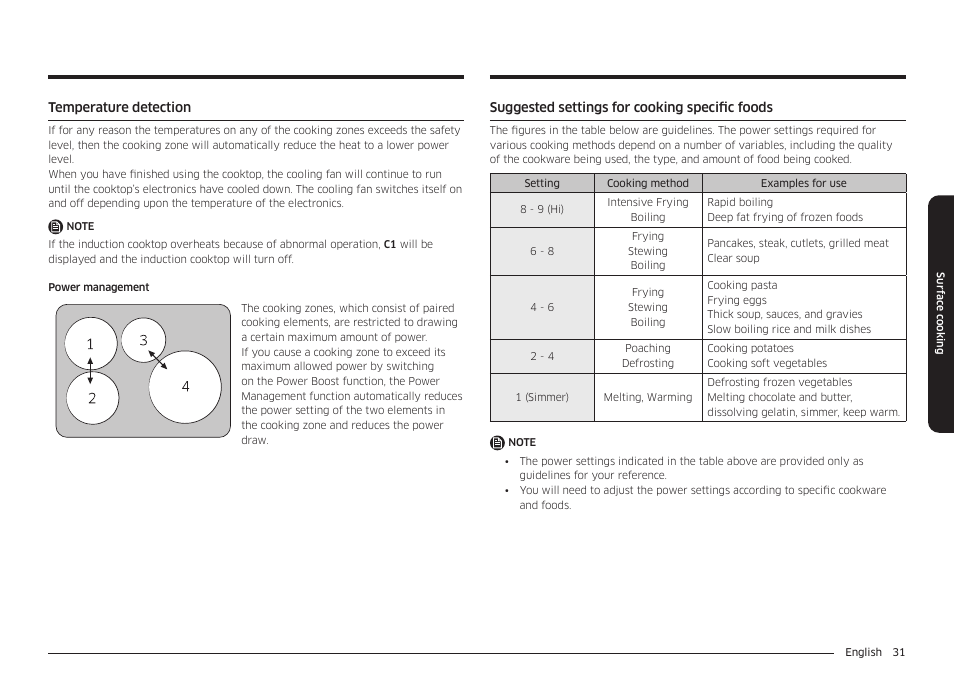 Temperature detection, Suggested settings for cooking specific foods | Samsung BESPOKE 30 Inch Smart Slide-In Induction Range Owners Guide User Manual | Page 31 / 234
