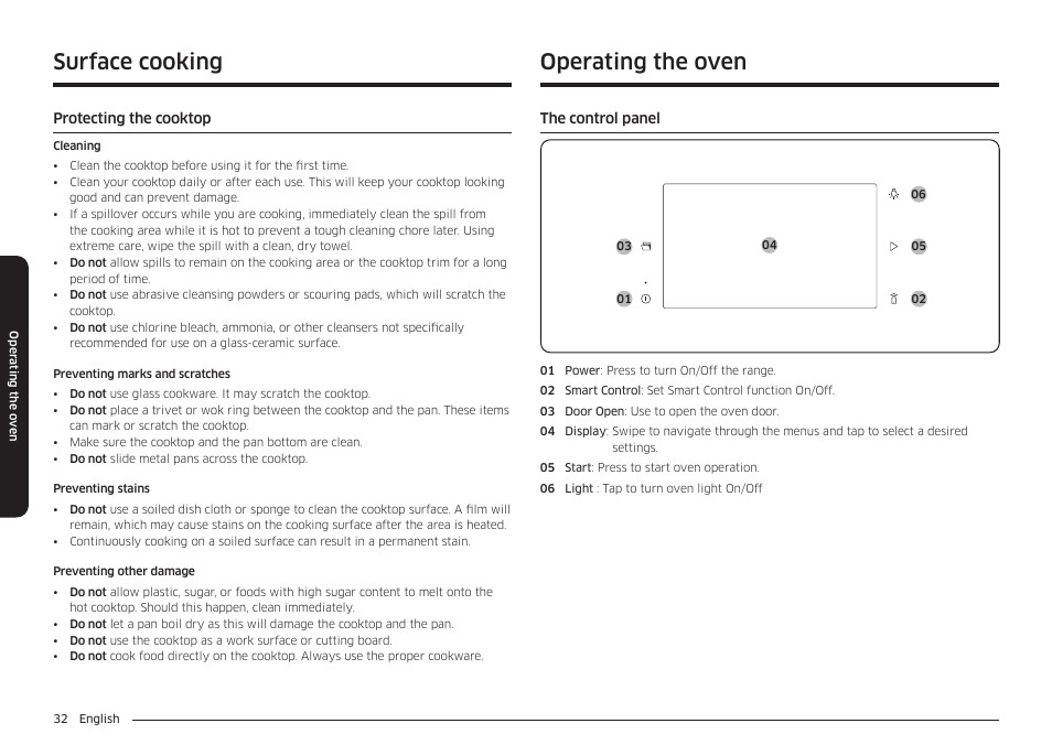 Protecting the cooktop, Operating the oven, The control panel | Surface cooking | Samsung BESPOKE 30 Inch Smart Slide-In Induction Range Owners Guide User Manual | Page 32 / 234