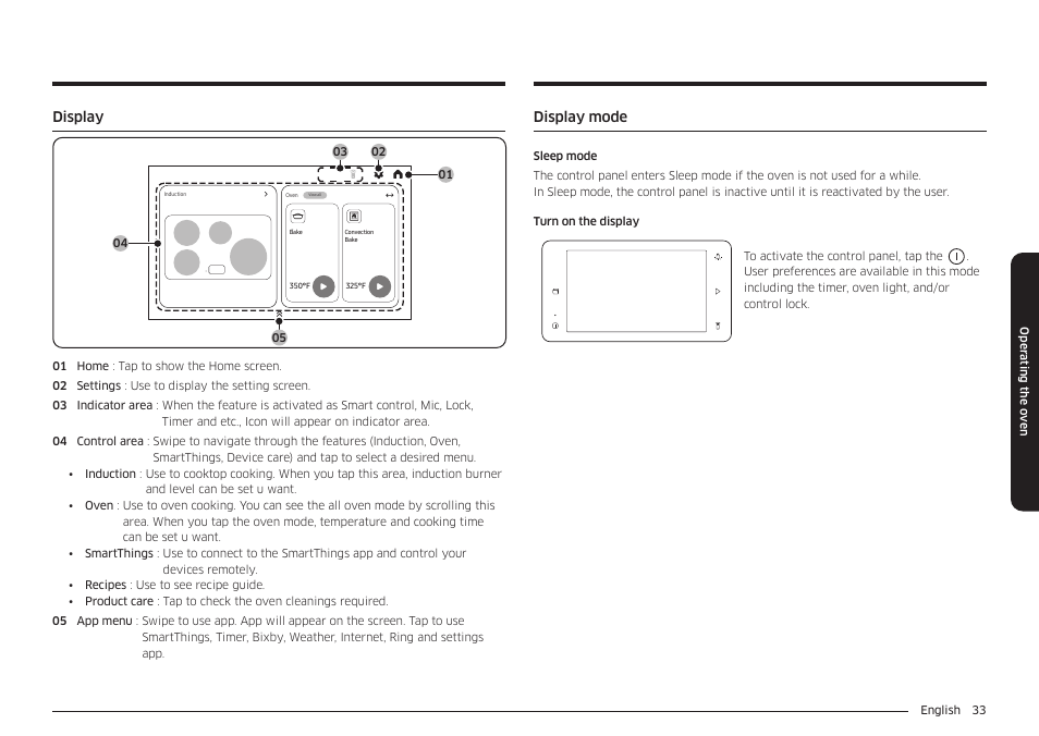 Display, Display mode, Display 33 display mode | Samsung BESPOKE 30 Inch Smart Slide-In Induction Range Owners Guide User Manual | Page 33 / 234