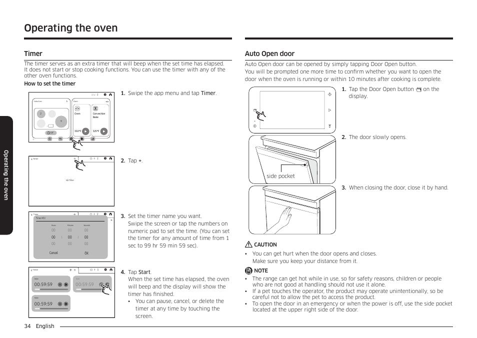 Timer, Auto open door, Timer 34 auto open door | Operating the oven | Samsung BESPOKE 30 Inch Smart Slide-In Induction Range Owners Guide User Manual | Page 34 / 234