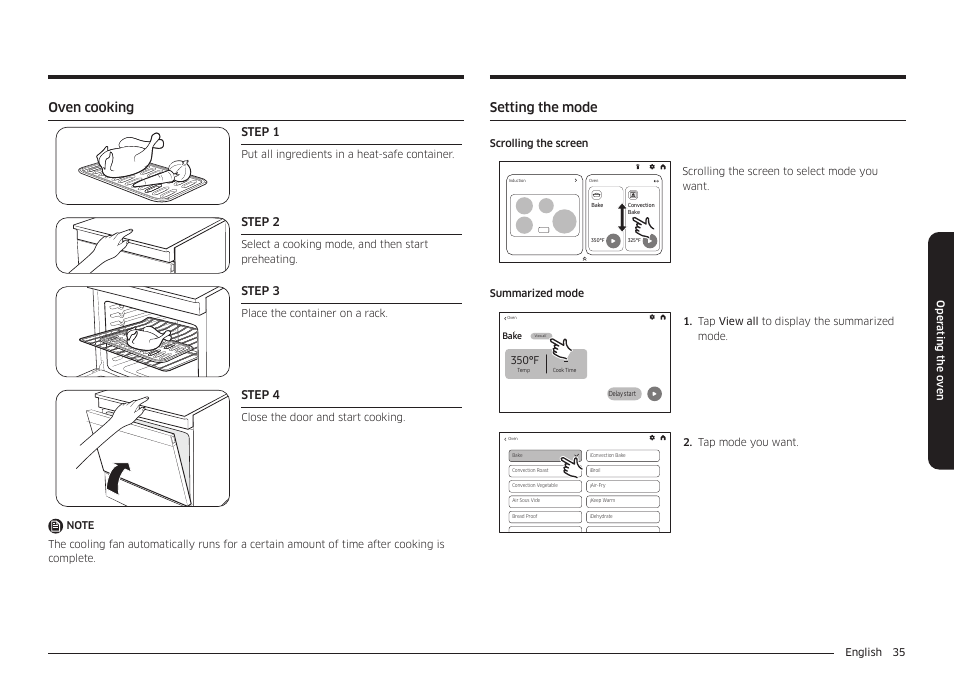 Oven cooking, Setting the mode, Step 1 | Step 2, Step 3, Step 4, 350°f, English 35 oper ating the o v en, Put all ingredients in a heat-safe container, Select a cooking mode, and then start preheating | Samsung BESPOKE 30 Inch Smart Slide-In Induction Range Owners Guide User Manual | Page 35 / 234