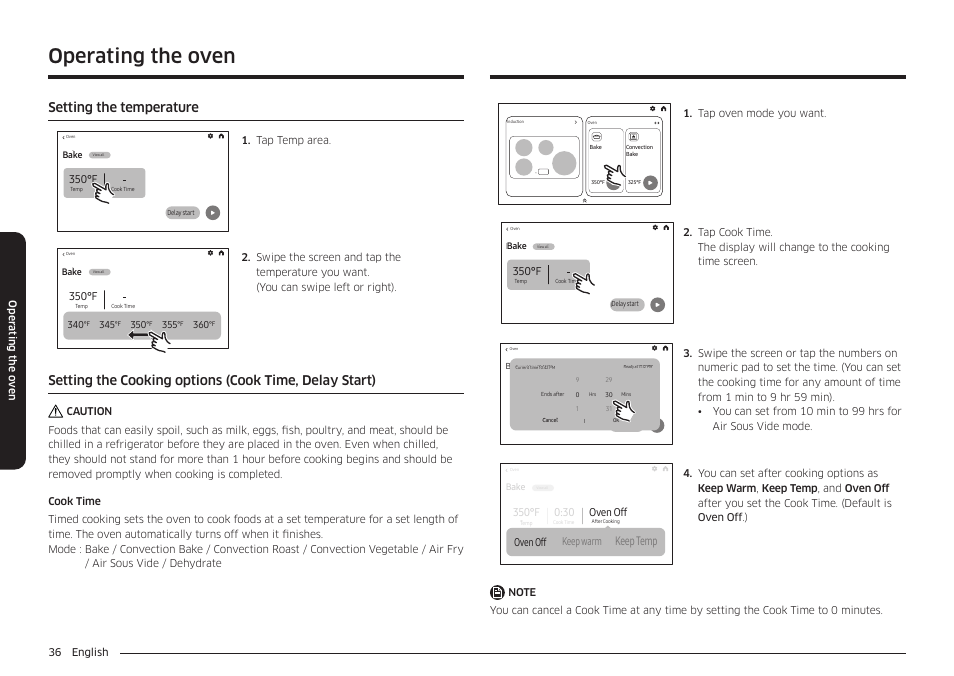 Setting the temperature, Operating the oven, Keep temp | 350°f, Oven off, Oven off keep warm, 36 english oper ating the o v en, Tap oven mode you want, Tap temp area | Samsung BESPOKE 30 Inch Smart Slide-In Induction Range Owners Guide User Manual | Page 36 / 234
