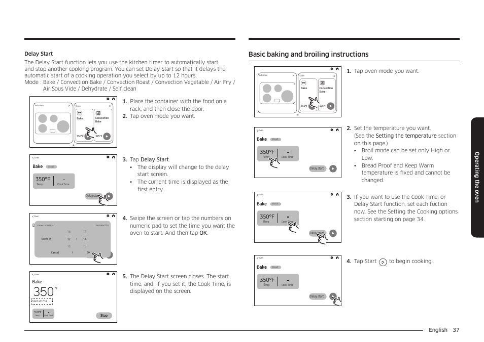 Basic baking and broiling instructions, 350°f, English 37 oper ating the o v en | Tap oven mode you want | Samsung BESPOKE 30 Inch Smart Slide-In Induction Range Owners Guide User Manual | Page 37 / 234