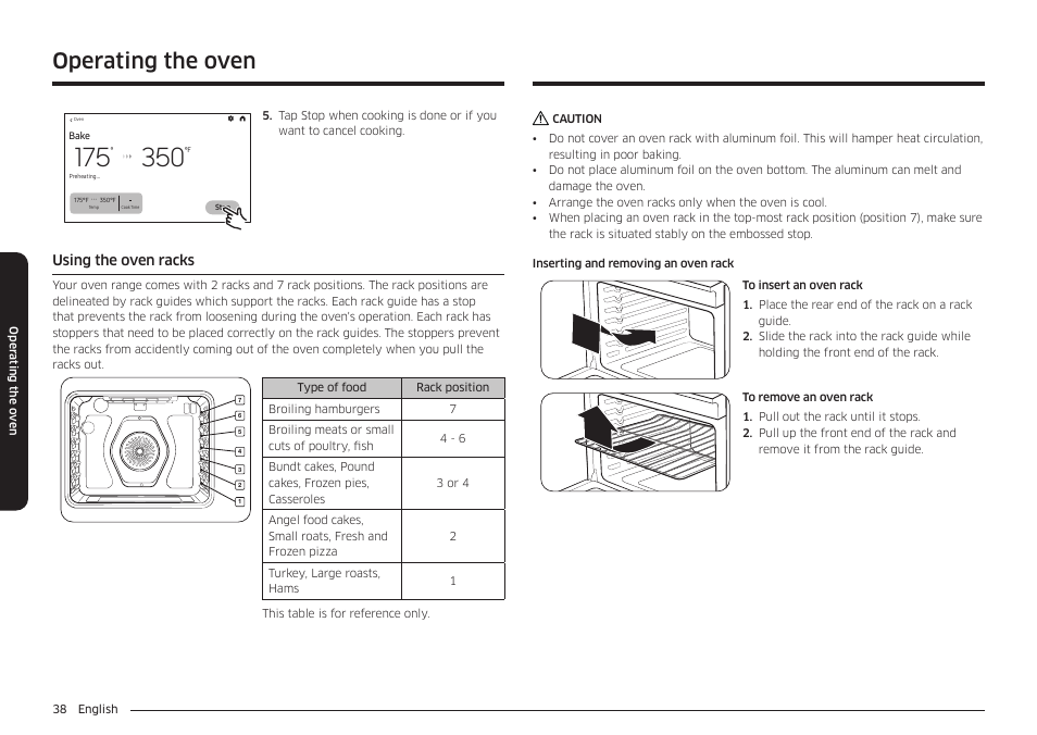 Using the oven racks, Operating the oven | Samsung BESPOKE 30 Inch Smart Slide-In Induction Range Owners Guide User Manual | Page 38 / 234
