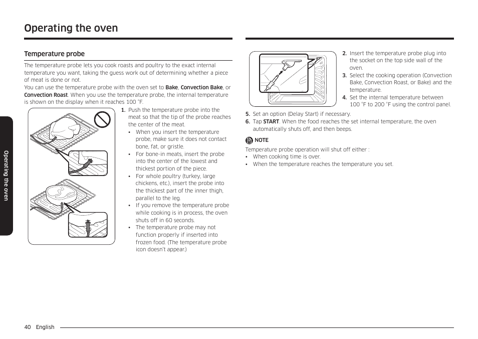 Temperature probe, Operating the oven | Samsung BESPOKE 30 Inch Smart Slide-In Induction Range Owners Guide User Manual | Page 40 / 234