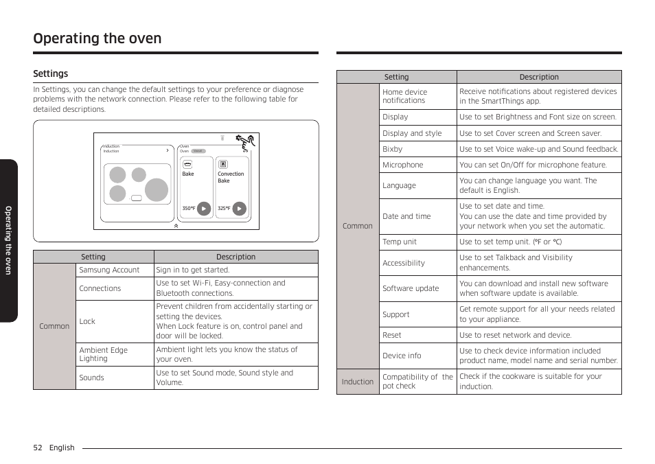 Settings, Settings 52, Operating the oven | Samsung BESPOKE 30 Inch Smart Slide-In Induction Range Owners Guide User Manual | Page 52 / 234