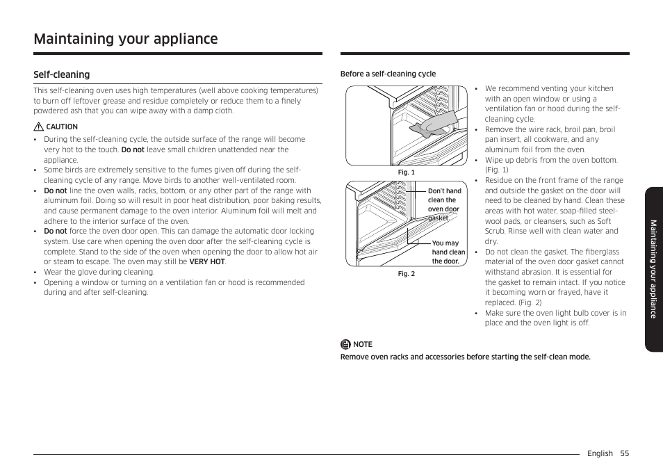 Maintaining your appliance, Self-cleaning, Self-cleaning 55 | Samsung BESPOKE 30 Inch Smart Slide-In Induction Range Owners Guide User Manual | Page 55 / 234