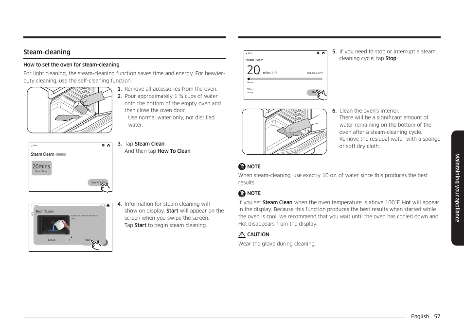 Steam-cleaning, Steam-cleaning 57, 20mins | Samsung BESPOKE 30 Inch Smart Slide-In Induction Range Owners Guide User Manual | Page 57 / 234