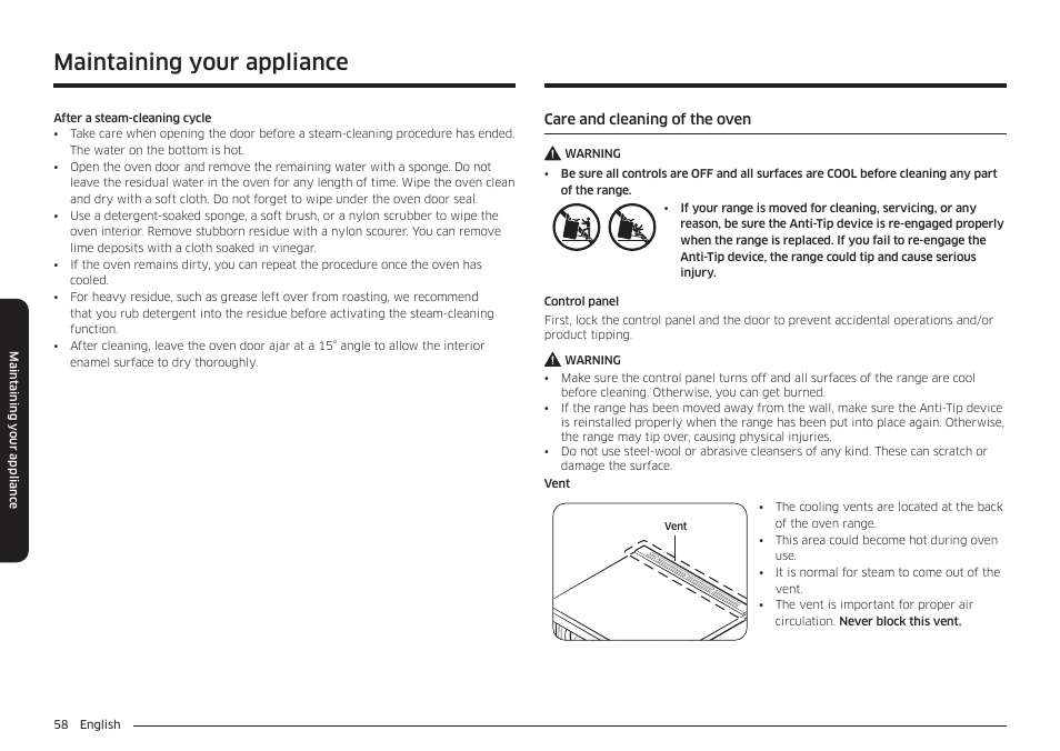 Care and cleaning of the oven, Maintaining your appliance | Samsung BESPOKE 30 Inch Smart Slide-In Induction Range Owners Guide User Manual | Page 58 / 234