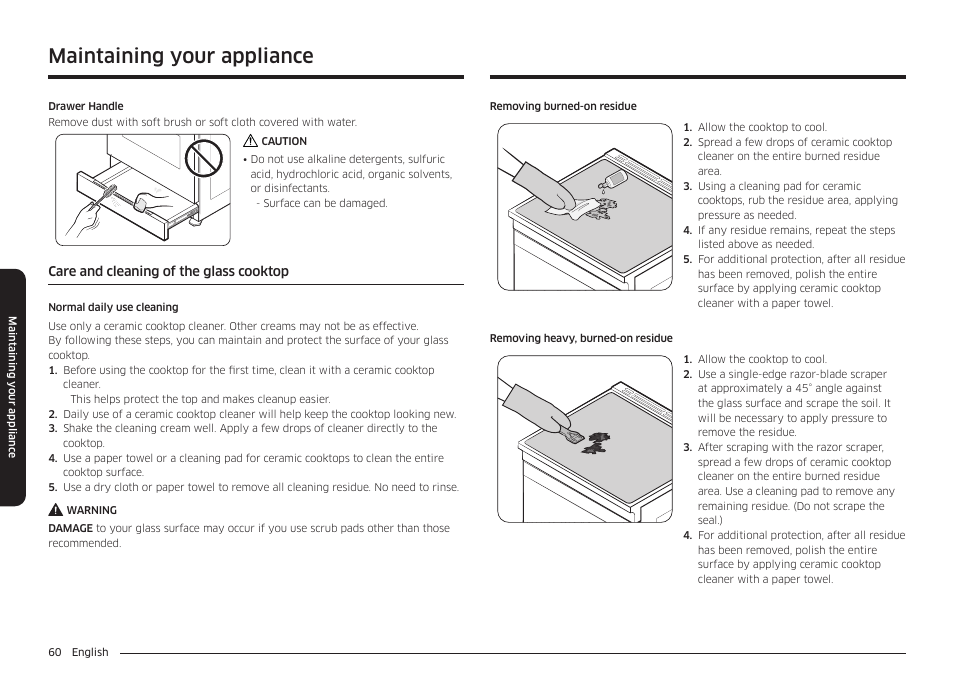 Care and cleaning of the glass cooktop, Maintaining your appliance | Samsung BESPOKE 30 Inch Smart Slide-In Induction Range Owners Guide User Manual | Page 60 / 234