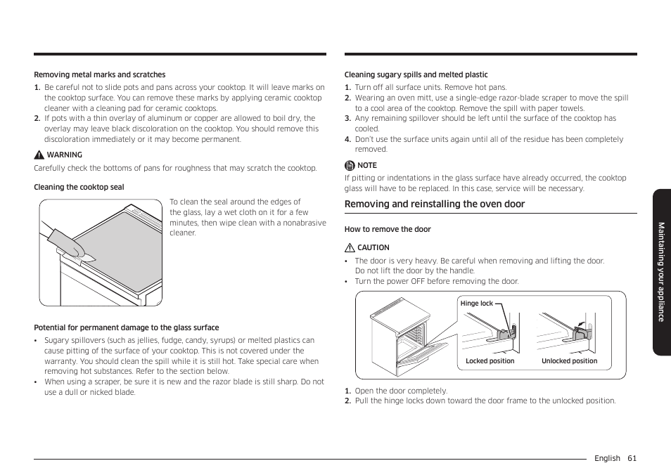 Removing and reinstalling the oven door | Samsung BESPOKE 30 Inch Smart Slide-In Induction Range Owners Guide User Manual | Page 61 / 234