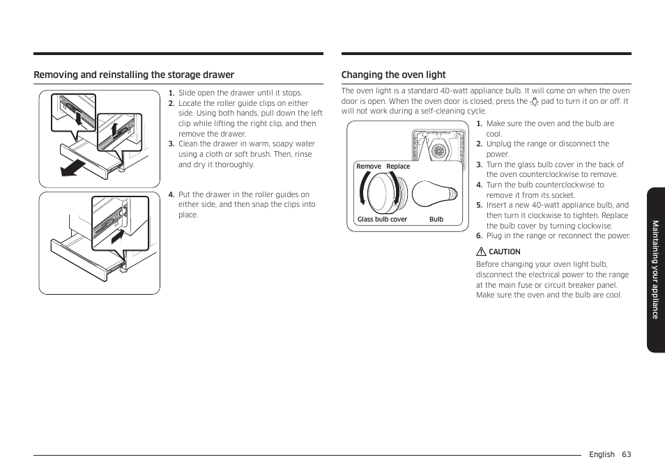 Removing and reinstalling the storage drawer, Changing the oven light | Samsung BESPOKE 30 Inch Smart Slide-In Induction Range Owners Guide User Manual | Page 63 / 234