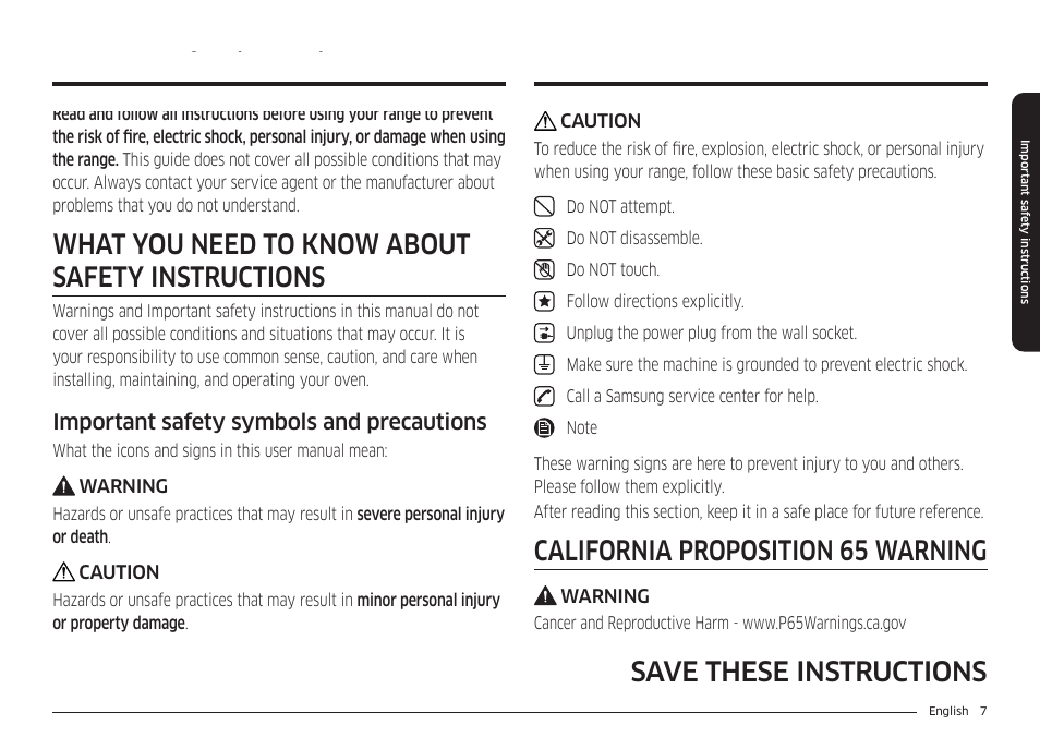 Important safety instructions, What you need to know about safety instructions, California proposition 65 warning | Save these instructions, Important safety symbols and precautions | Samsung BESPOKE 30 Inch Smart Slide-In Induction Range Owners Guide User Manual | Page 7 / 234