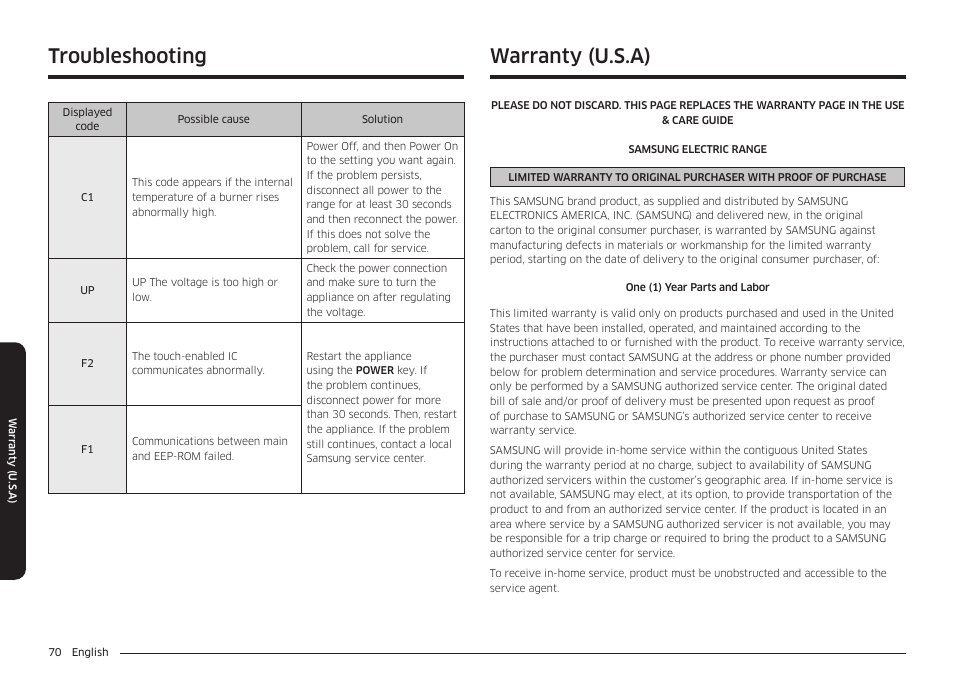 Warranty (u.s.a), Troubleshooting | Samsung BESPOKE 30 Inch Smart Slide-In Induction Range Owners Guide User Manual | Page 70 / 234