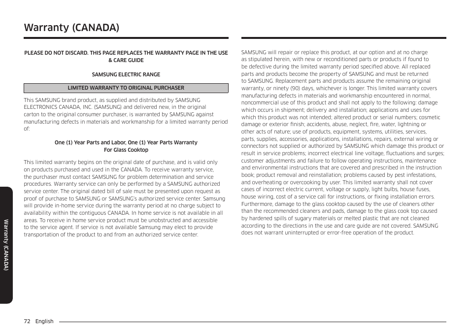 Warranty (canada) | Samsung BESPOKE 30 Inch Smart Slide-In Induction Range Owners Guide User Manual | Page 72 / 234