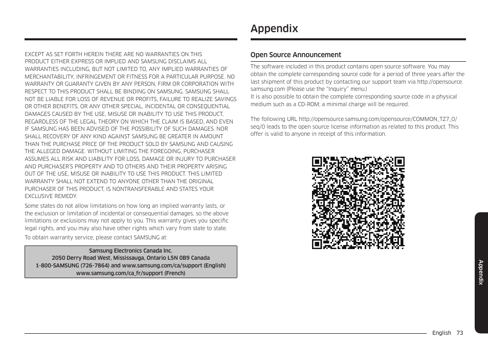 Warranty (canada), Appendix, Appendix 73 | Ement | Samsung BESPOKE 30 Inch Smart Slide-In Induction Range Owners Guide User Manual | Page 73 / 234