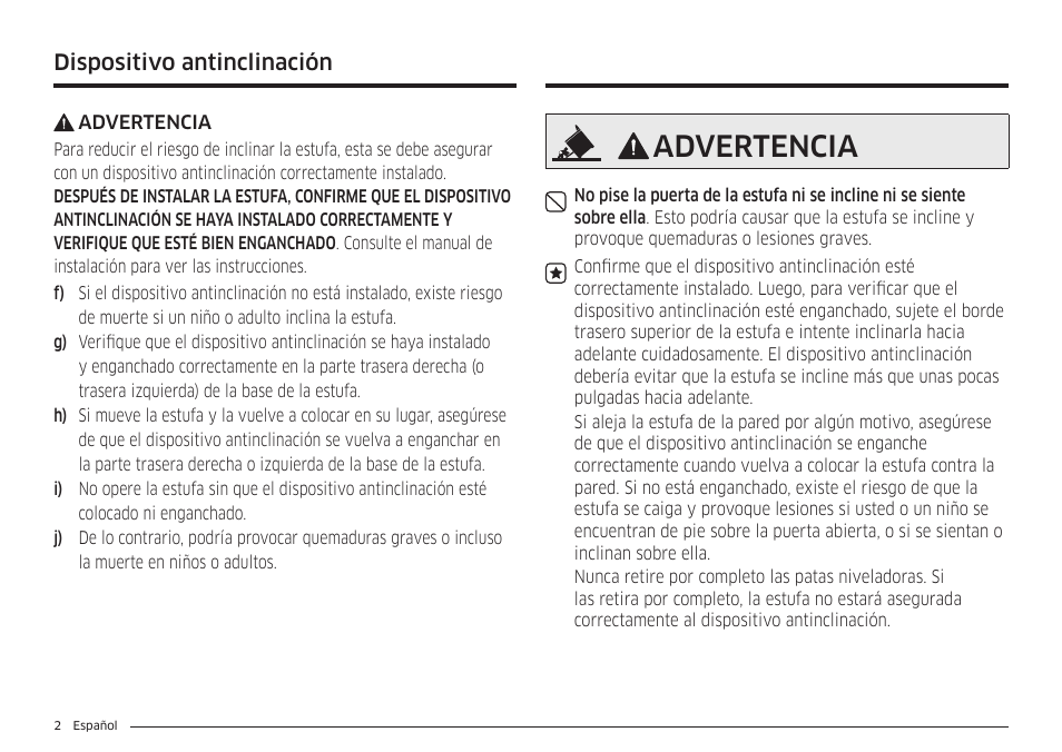 Advertencia, Dispositivo antinclinación | Samsung BESPOKE 30 Inch Smart Slide-In Induction Range Owners Guide User Manual | Page 76 / 234