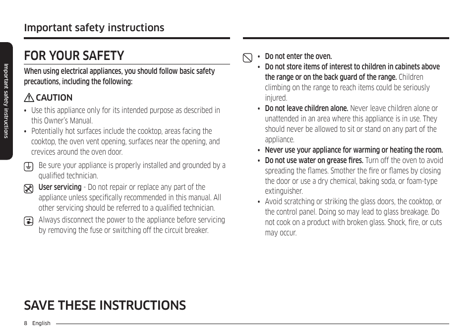 For your safety, Save these instructions for your safety, Important safety instructions | Samsung BESPOKE 30 Inch Smart Slide-In Induction Range Owners Guide User Manual | Page 8 / 234