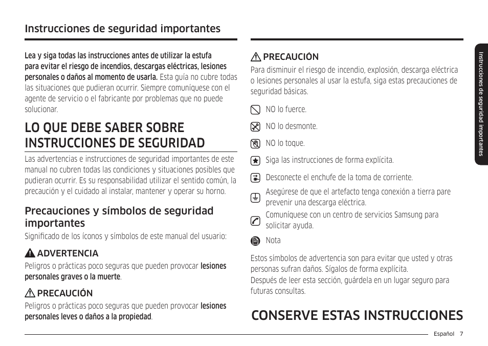 Instrucciones de seguridad importantes, Lo que debe saber sobre instrucciones de seguridad, Conserve estas instrucciones | Precauciones y símbolos de seguridad importantes | Samsung BESPOKE 30 Inch Smart Slide-In Induction Range Owners Guide User Manual | Page 81 / 234