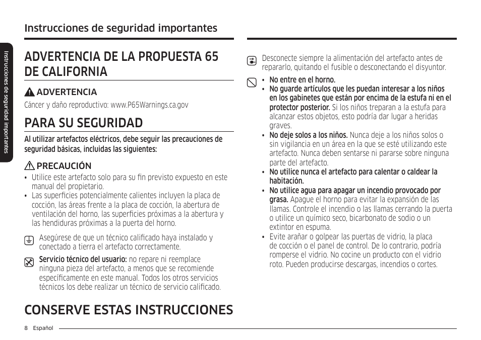 Advertencia de la propuesta 65 de california, Para su seguridad, Instrucciones de seguridad importantes | Samsung BESPOKE 30 Inch Smart Slide-In Induction Range Owners Guide User Manual | Page 82 / 234