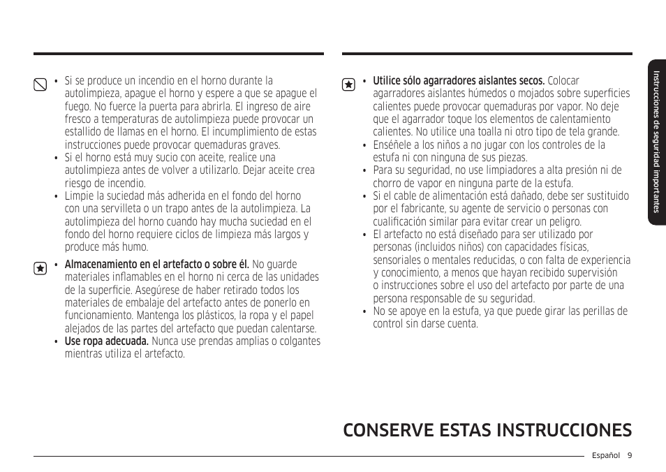 Conserve estas instrucciones | Samsung BESPOKE 30 Inch Smart Slide-In Induction Range Owners Guide User Manual | Page 83 / 234