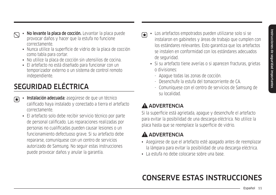 Seguridad eléctrica, Conserve estas instrucciones | Samsung BESPOKE 30 Inch Smart Slide-In Induction Range Owners Guide User Manual | Page 85 / 234