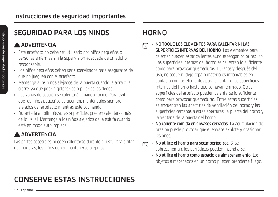 Seguridad para los niños, Horno, Horno 12 | Conserve estas instrucciones horno, Instrucciones de seguridad importantes | Samsung BESPOKE 30 Inch Smart Slide-In Induction Range Owners Guide User Manual | Page 86 / 234