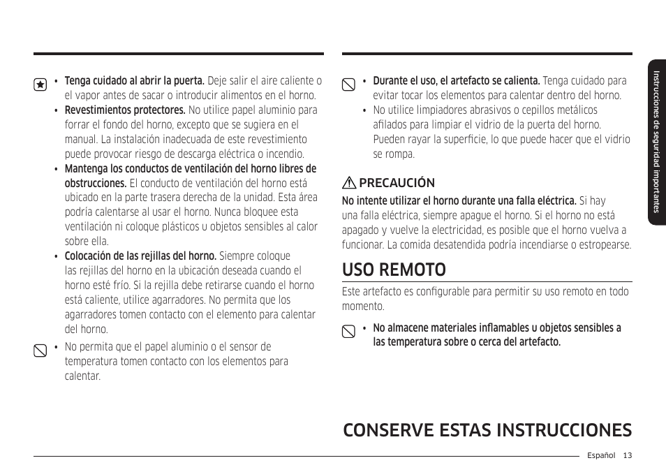 Uso remoto, Conserve estas instrucciones | Samsung BESPOKE 30 Inch Smart Slide-In Induction Range Owners Guide User Manual | Page 87 / 234