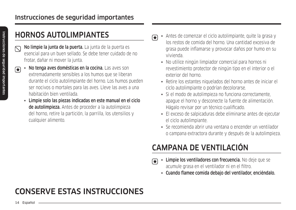 Hornos autolimpiantes, Campana de ventilación, Conserve estas instrucciones | Instrucciones de seguridad importantes | Samsung BESPOKE 30 Inch Smart Slide-In Induction Range Owners Guide User Manual | Page 88 / 234