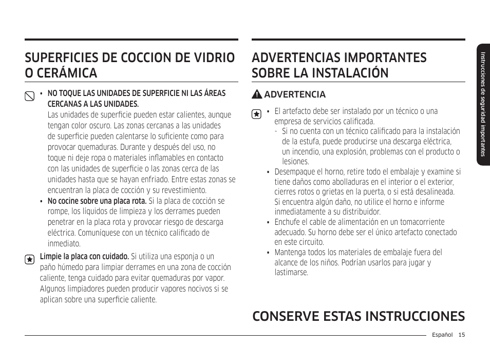Superficies de cocción de vidrio o cerámica, Advertencias importantes sobre la instalación | Samsung BESPOKE 30 Inch Smart Slide-In Induction Range Owners Guide User Manual | Page 89 / 234
