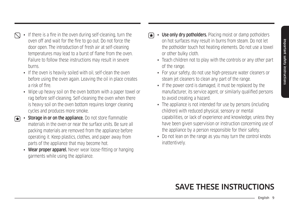 Save these instructions | Samsung BESPOKE 30 Inch Smart Slide-In Induction Range Owners Guide User Manual | Page 9 / 234