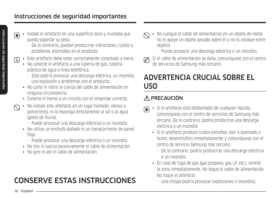 Advertencia crucial sobre el uso, Conserve estas instrucciones, Instrucciones de seguridad importantes | Samsung BESPOKE 30 Inch Smart Slide-In Induction Range Owners Guide User Manual | Page 90 / 234