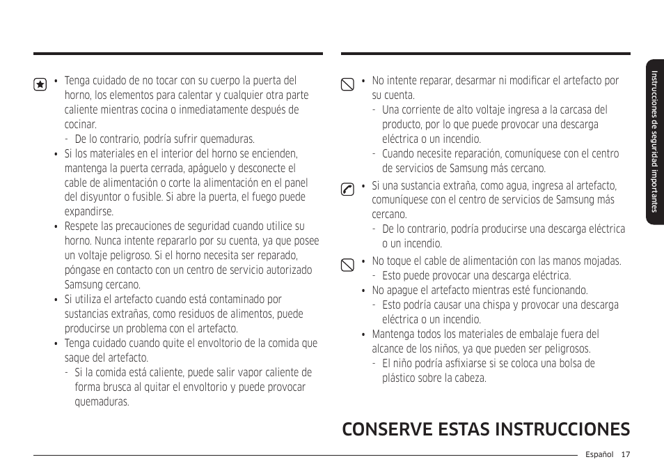 Conserve estas instrucciones | Samsung BESPOKE 30 Inch Smart Slide-In Induction Range Owners Guide User Manual | Page 91 / 234