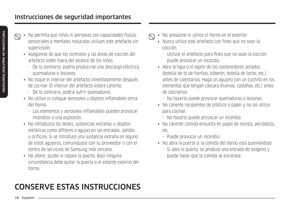 Conserve estas instrucciones, Instrucciones de seguridad importantes | Samsung BESPOKE 30 Inch Smart Slide-In Induction Range Owners Guide User Manual | Page 92 / 234