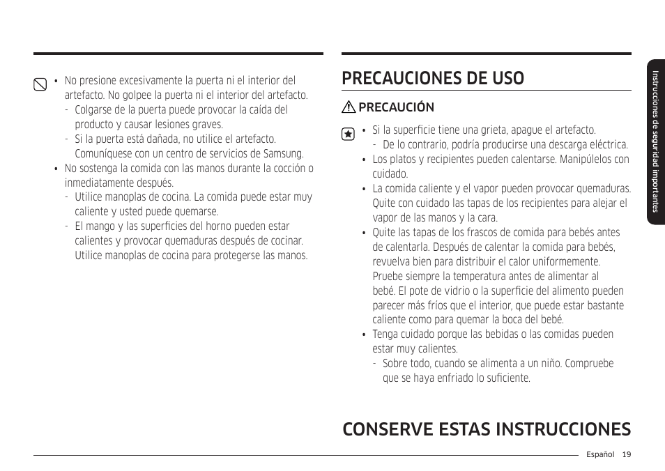 Precauciones de uso, Conserve estas instrucciones precauciones de uso | Samsung BESPOKE 30 Inch Smart Slide-In Induction Range Owners Guide User Manual | Page 93 / 234