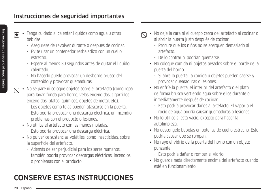 Conserve estas instrucciones, Instrucciones de seguridad importantes | Samsung BESPOKE 30 Inch Smart Slide-In Induction Range Owners Guide User Manual | Page 94 / 234
