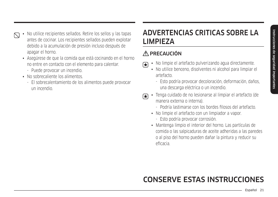 Advertencias críticas sobre la limpieza, Conserve estas instrucciones | Samsung BESPOKE 30 Inch Smart Slide-In Induction Range Owners Guide User Manual | Page 95 / 234