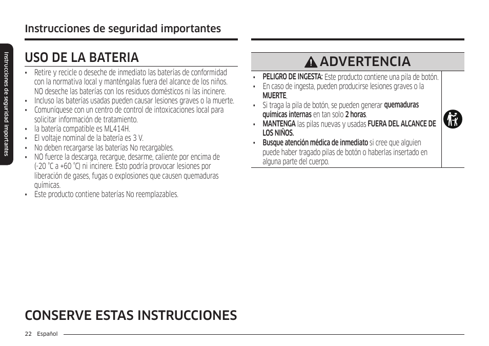 Uso de la batería, Conserve estas instrucciones uso de la batería, Advertencia | Instrucciones de seguridad importantes | Samsung BESPOKE 30 Inch Smart Slide-In Induction Range Owners Guide User Manual | Page 96 / 234