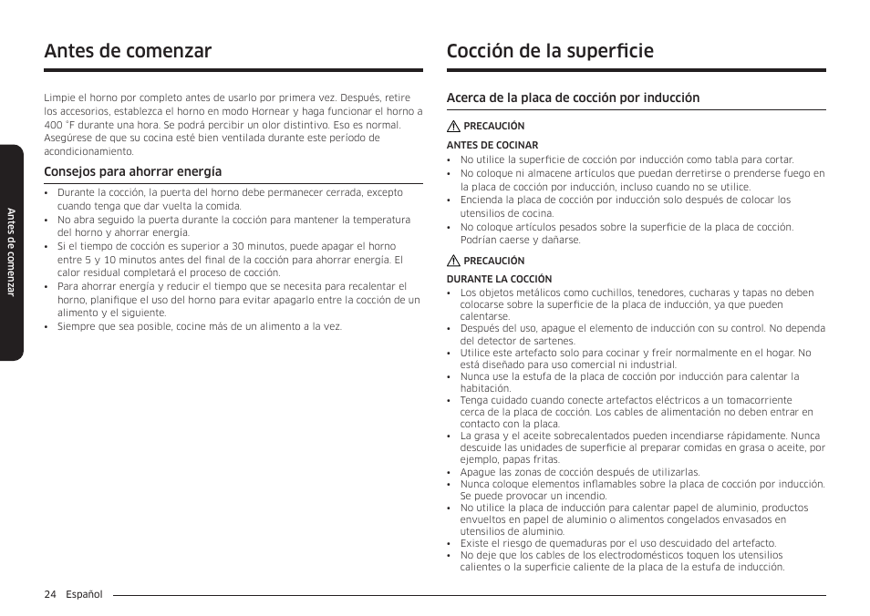 Antes de comenzar, Consejos para ahorrar energía, Cocción de la superficie | Acerca de la placa de cocción por inducción, Antes de comenzar cocción de la superficie | Samsung BESPOKE 30 Inch Smart Slide-In Induction Range Owners Guide User Manual | Page 98 / 234