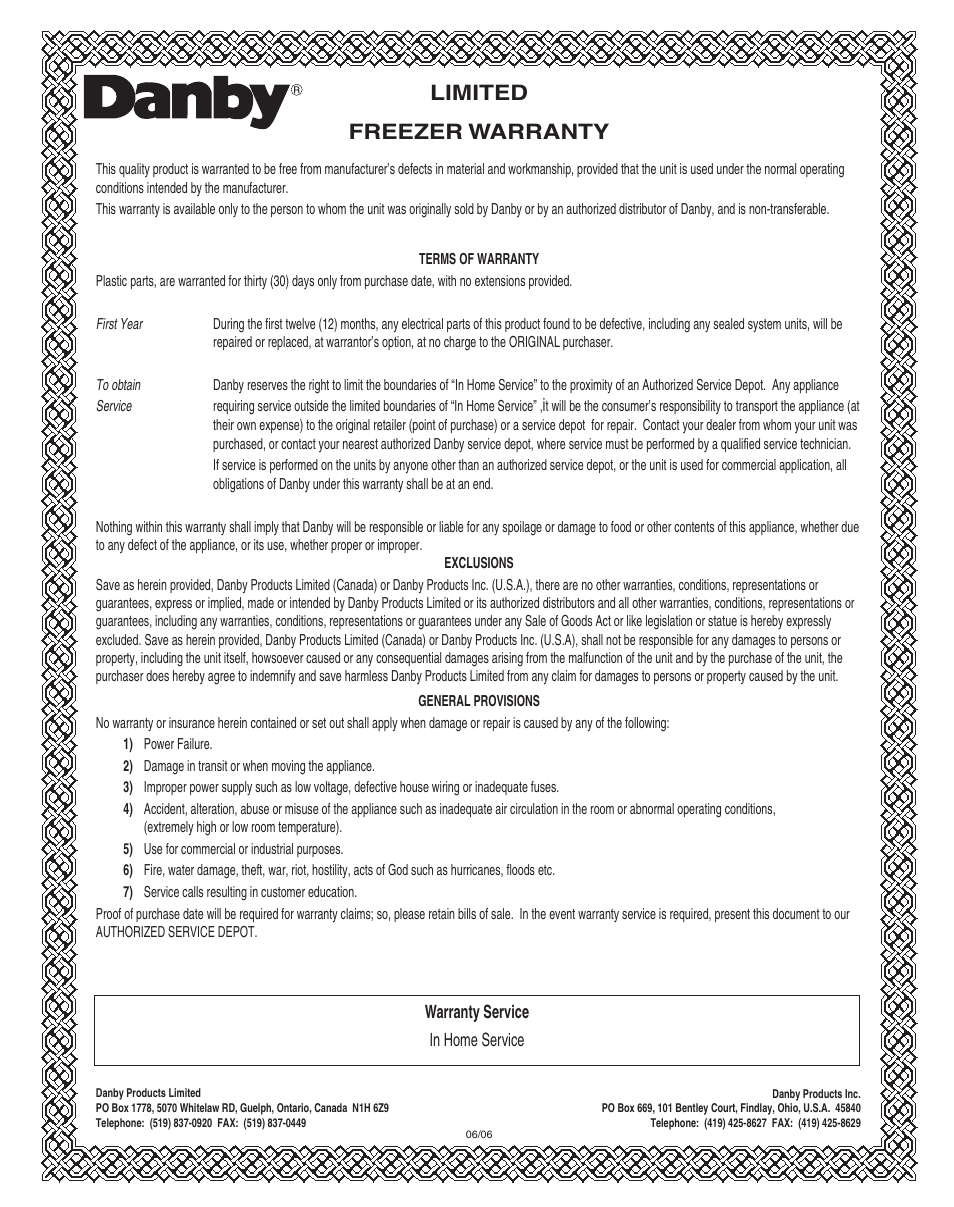 Limited freezer warranty | Danby DCF700W User Manual | Page 8 / 14