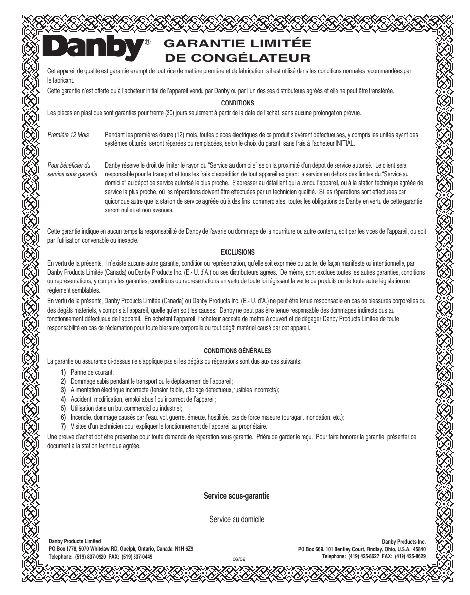 Garantie limitée de congélateur | Danby DCF700W User Manual | Page 9 / 14