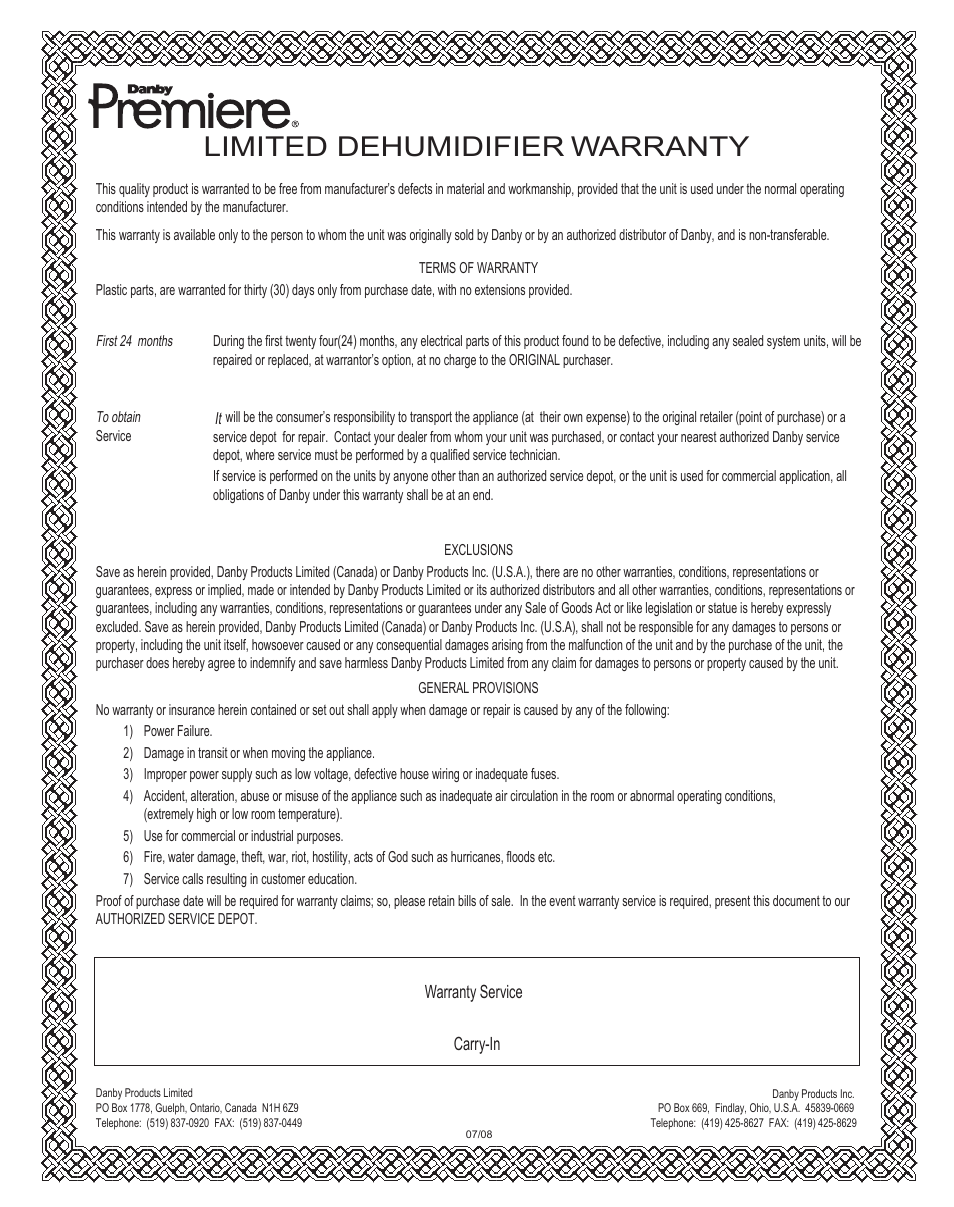 Limited dehumidifier warranty | Danby PREMIERE DDR7009REE User Manual | Page 14 / 14