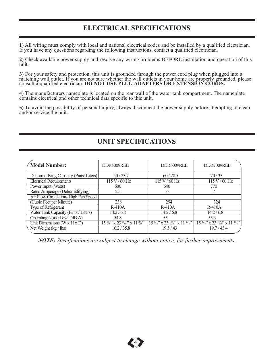 Electrical specifications unit specifications | Danby PREMIERE DDR7009REE User Manual | Page 5 / 14